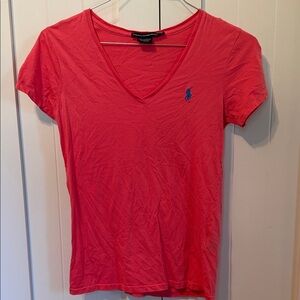 Ralph Lauren Women's Coral V-Neck Short Sleeve Tee with Blue Pony